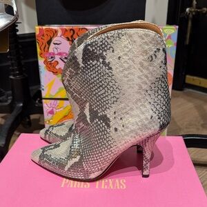 Paris Texas Black and White Snake-Print Pointed Heeled Ankle Boots